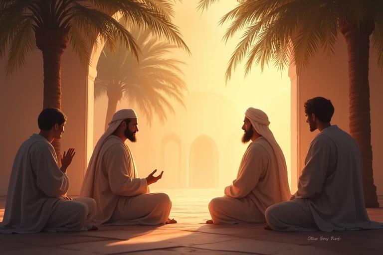 A digital painting respectfully represents the Prophet Muhammad ﷺ as a glowing silhouette. He speaks to companions under palm trees in a mosque. The mood is gentle and reverent. Warm light highlights the peaceful setting. Companions listen calmly, embodying respect and spirituality.