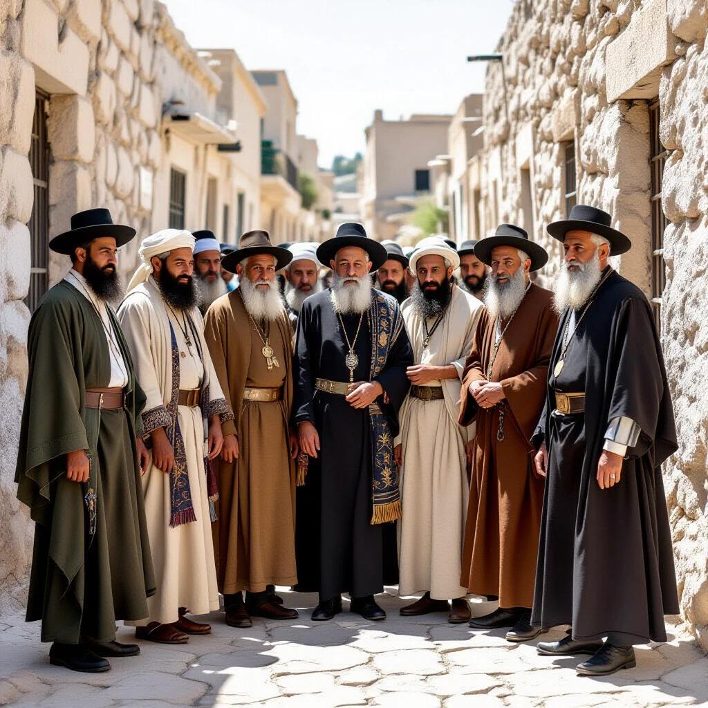 Image of a group of men dressed in ancient Jewish clothing standing together in a narrow street. They display traditional attire featuring long robes and head coverings.