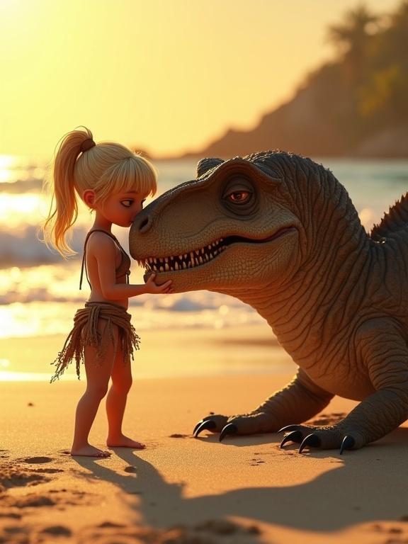 A beautiful blonde jungle warrior girl stands at the beach by a giant tyrannosaurus rex. She glistens with sweat. Her loincloth is tattered. She shows affection by kissing the dinosaur's snout. The sun casts golden light. The ocean softly roars behind them. Vivid shadows and colors enrich the scene.