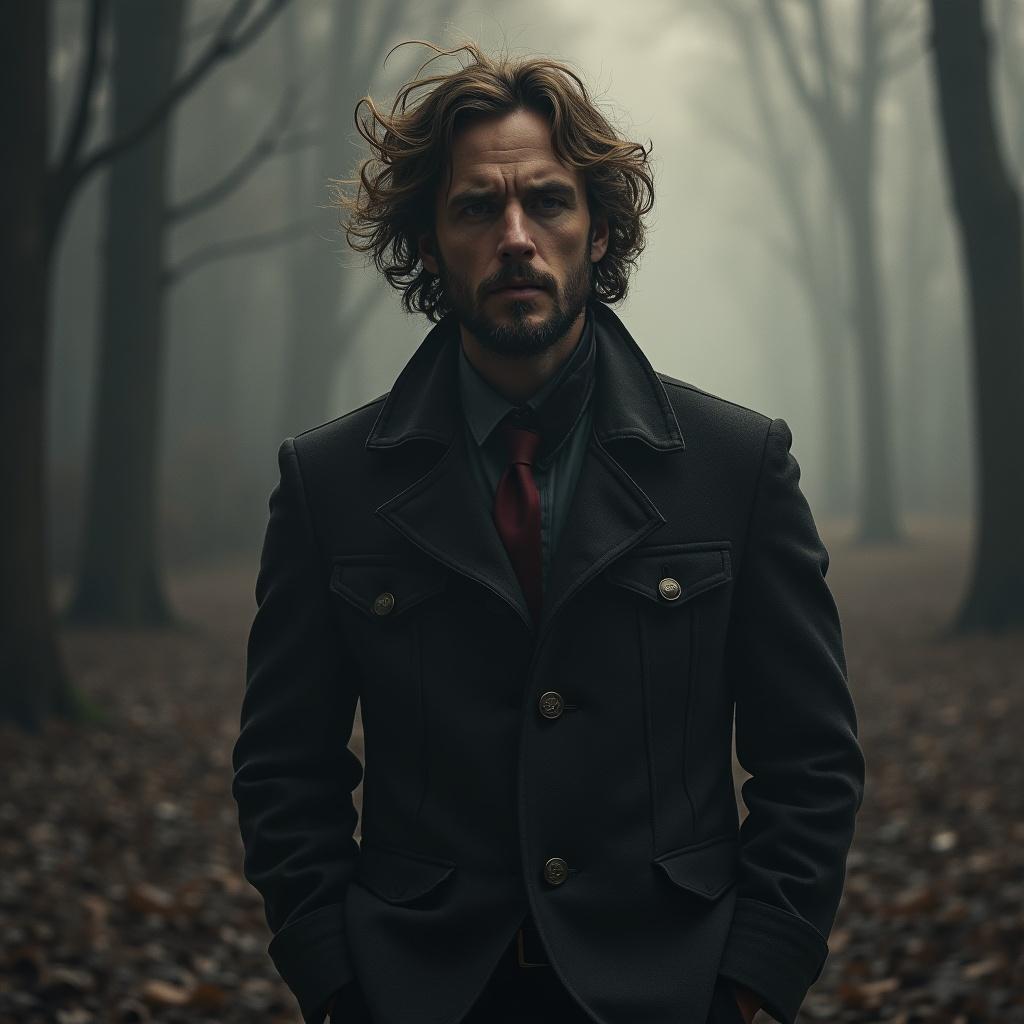 The image depicts a man standing solemnly in a foggy forest, representing his internal struggle. He appears conflicted, as if he is hiding his true self. His tousled hair and intense gaze reflect his fear of being alone. The dark, muted colors and soft lighting enhance the sense of mystery surrounding him. This portrait captures the essence of a man grappling with his identity and the deceptive nature of his existence.