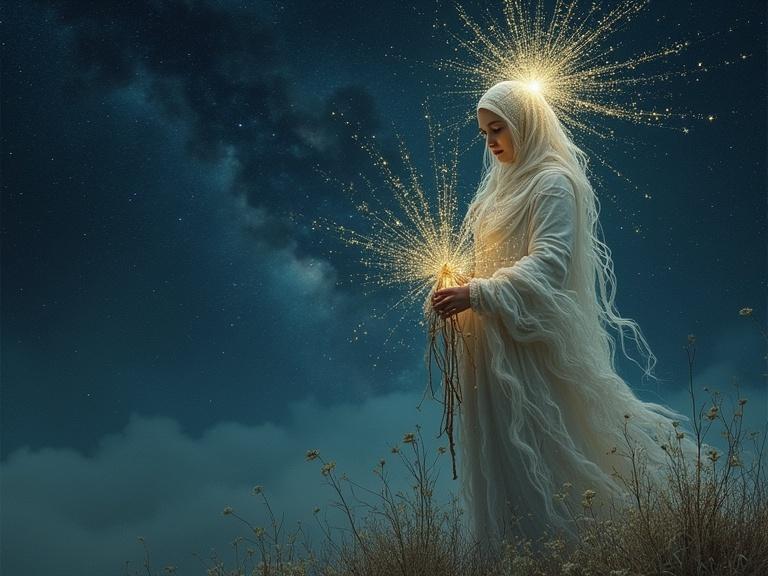 A mystical image depicting a divine figure standing against a starry night sky. The figure is surrounded by a blend of dreamy textures and glowing elements, presenting an ethereal and otherworldly aura.
