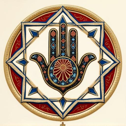 Design featuring the traditional Tunisian Khamsa in the center surrounded by bio-geometry shapes with simple ornaments and traditional colors. Light neutral background highlights details.