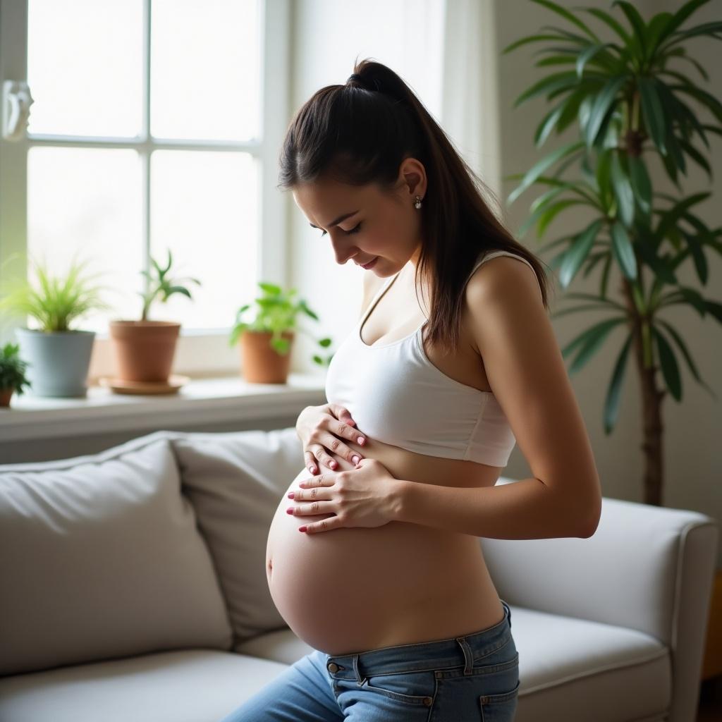 A pregnant woman poses with hands on her belly in a cozy indoor environment. She appears to be experiencing belly pains. The setting features a comfortable sofa and potted plants.