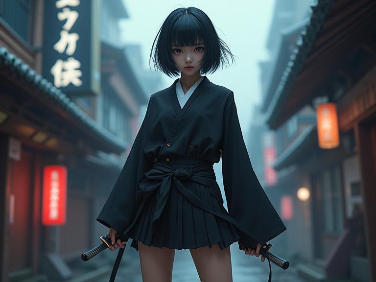 A female ninja in a black outfit with a short skirt. Standing in a full-body pose with two swords. Captured in a wide shot with cinematic lighting. The background shows a dark, moody alley with red lanterns.