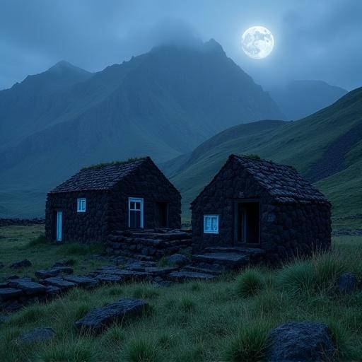 Image of a mysterious village under moonlight. Houses built from black volcanic rock are low and rudimentary. They sit on a green hill. Background features majestic mountains. Moonlight creates a captivating and atmospheric scene. Blue decorations on houses are subtly visible. Overall ambiance is intriguing and mysterious.
