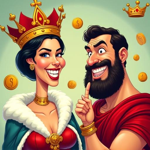 Cartoon-style illustration of two exaggerated historical characters. A queen with a wild grin wearing a large red and gold crown and a royal robe. A Roman man with a beard and a red toga, holding a finger to his lips. Background with floating golden coins and crowns. Satirical tone with vibrant flat colors and exaggerated expressions.