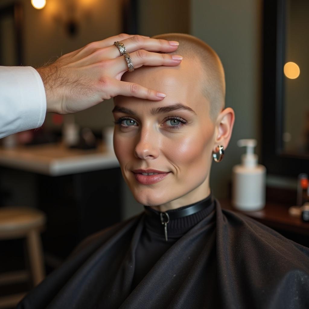 The image features a woman sitting in a barbershop chair with a freshly shaved, smooth bald head. She is being gently touched on the head by a hand, suggesting a moment of care and attention. Her expression is confident and serene, reflecting satisfaction with her hairstyle. Soft lighting illuminates the scene, enhancing the warmth of the setting. The background includes typical barbershop elements, contributing to the overall environment of grooming and beauty.