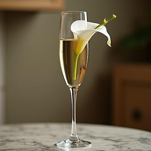 Champagne flute with a clear glass. A calla lily is elegantly placed inside the flute. The drink appears bubbly and golden. Soft lighting enhances the warm and inviting atmosphere.