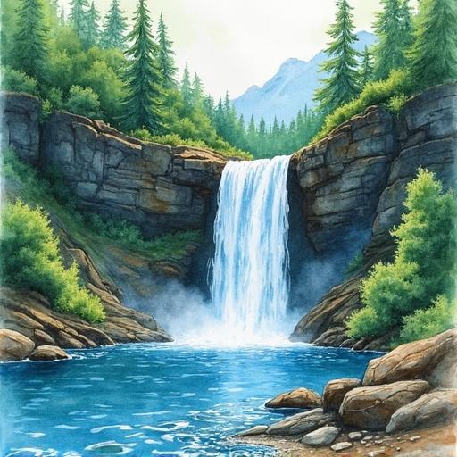 Waterfall scene illustrated in watercolor with fountain pen details. Features lush trees and a rocky landscape. Captures the beauty of nature with a flowing waterfall.