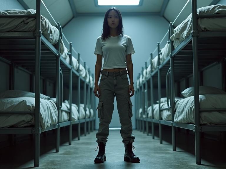 Photo of female soldier standing in bunk bed dormitory. The soldier wears a white t-shirt and grey army pants. Black army boots complete the outfit. The setting includes metal bunk beds and a light grey tent. Shadows create a dark atmosphere.