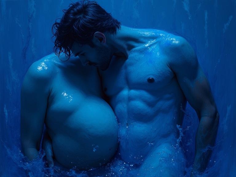 Surreal impressionist art shows a close-up of two bodies in water. Naked man embracing naked woman. Blue textures and glowing light create an ethereal scene with sharp details and high contrast.