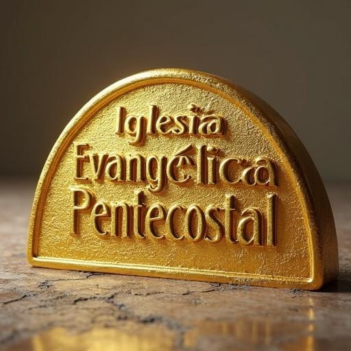 Hyper-realistic 3D gold stone simulation with engraved text 'Iglesia Evangélica Pentecostal' in semi-round wave shape. Gold material appears polished and reflective with realistic metallic textures. Text is carved into the stone with beveled edges. High-gloss enamel coating. Smooth flowing curvature resembling a gentle arc. Background is neutral to enhance gold's brilliance. Ultra-detailed, cinematic lighting, 8K resolution.