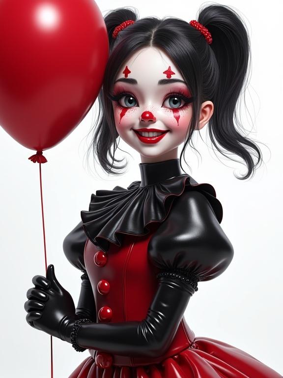 A young slim cute female cartoon character dressed as a clown. She has short dark slick pigtails and is smiling with dimples. The clown outfit is shiny black and red, with gloves and face paint. She holds a red balloon against a white background. The image focuses on details and textures in a 4k quality.