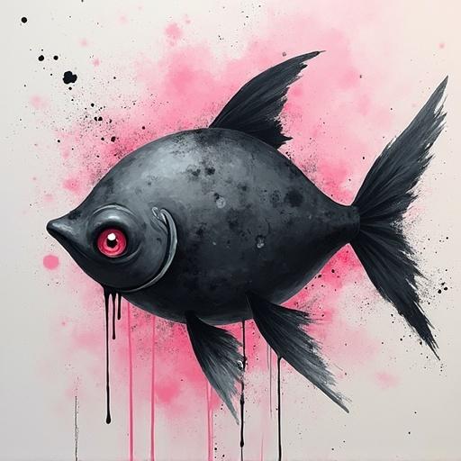 Stylized fish with sinister expression Dark gray color Pink paint splatter background