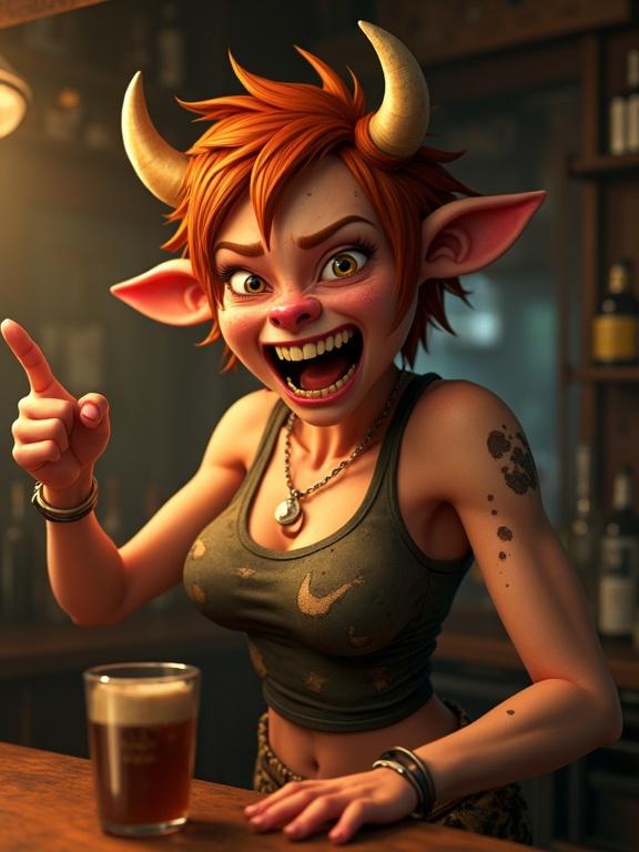 Pixar cartoon character as a mutated female bartender with short messy ginger hair partially transformed into a cow. Features include one human and one cow ear, a pink cow nose, an angry expression. The character exhibits muscular arms, wearing a tight dirty tank top with cowhide skin patches. Positioned behind a bar counter with a chaotic atmosphere, dramatic lighting highlighting bottles shaking.