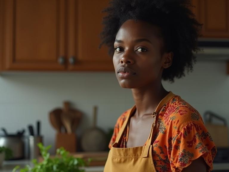 African woman stands in a kitchen. She wears an apron. Her suspicious gaze focuses on the viewer. Kitchen tools and plants are visible in the background.