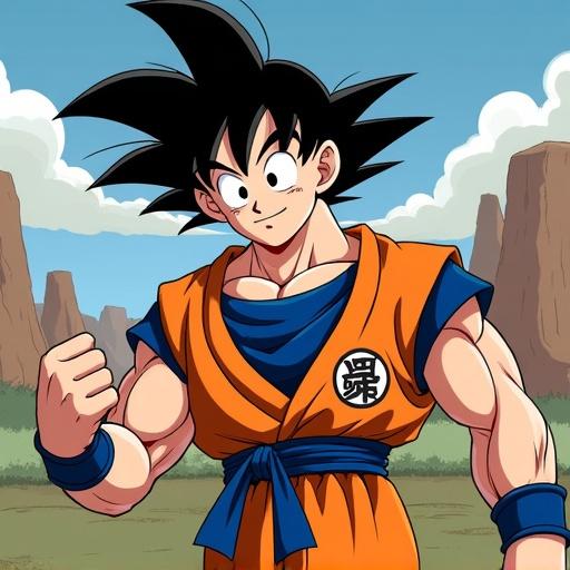 Character illustration of Son Goku from the anime Dragon Ball wearing an orange gi with blue accents and striking a confident pose against a bright sky and rock background.
