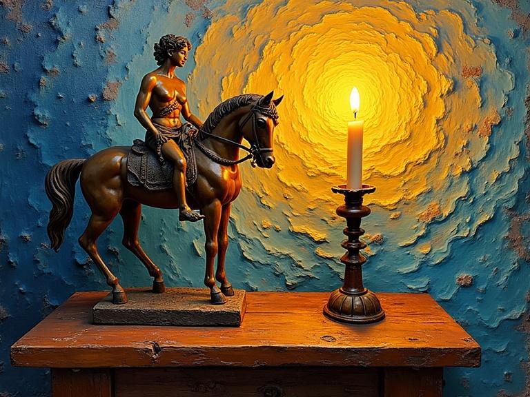 A vibrant still life on a rustic wooden table features a statuette of a nude rider on a horse and a flickering candle with a golden flame. The background has a swirling textured wall painted in bold expressive strokes. The thick brushstrokes create a tactile quality. The candlelight casts dynamic shadows enhancing the shapes.