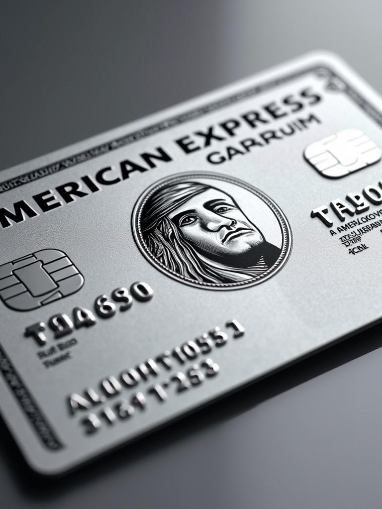 Realistic image of platinum American Express credit card. Cardholder name visible. Expiry date March 2028. Silver background enhances modern elegance. Bold black font adds sophistication.