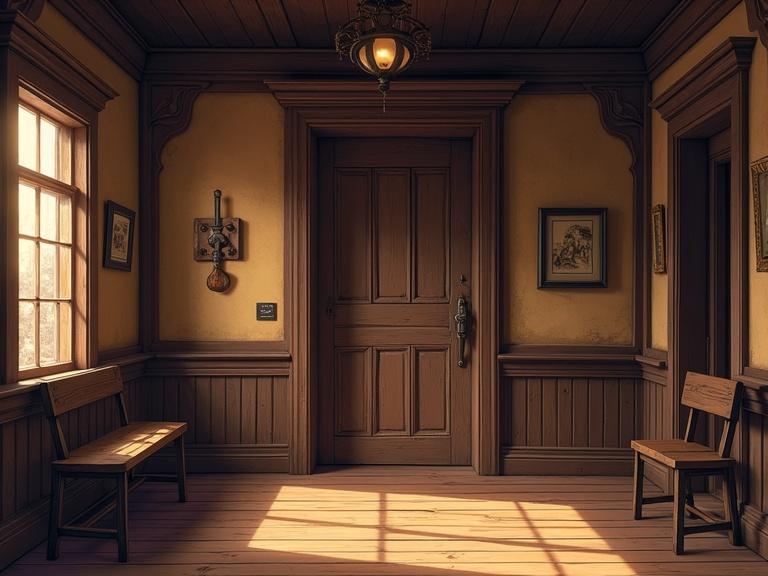 An old west saloon showing a closed door at the center. Interior details from the 1860s are prominent. Illustration style is preferred over photorealism.