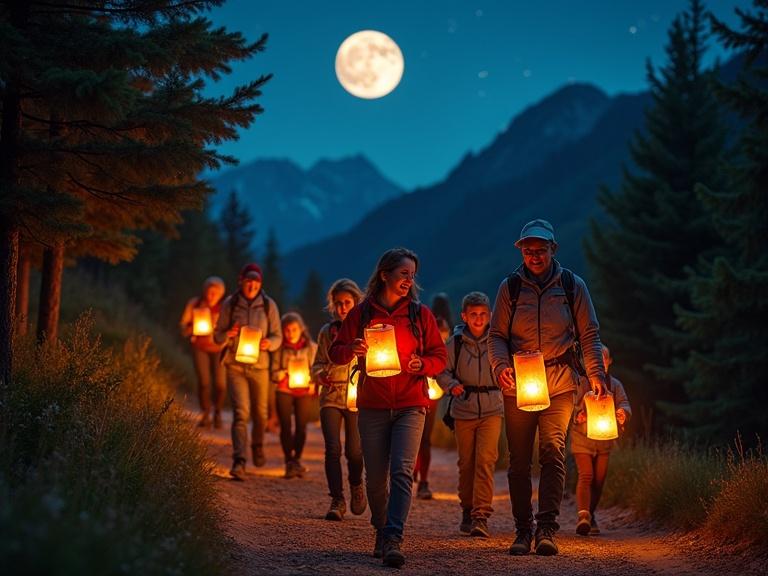 A large group of hikers participating in the 'Marcia della Poiana' organized by 'Con Noi In Val Luretta'. Men, women, and children in trekking outfits, smiling and enjoying a nighttime forest trail. Each person holds an ancient wooden torch casting warm orange light on their faces and the muddy path. In the background, a clear night sky dotted with twinkling stars and a large full moon rising between tree branches. A festive community atmosphere with slightly moving flags in the wind and some lanterns hanging between trees. High-definition photographic realism, soft yet bright light on participants, saturated colors for the sky, and shadow play among vegetation.