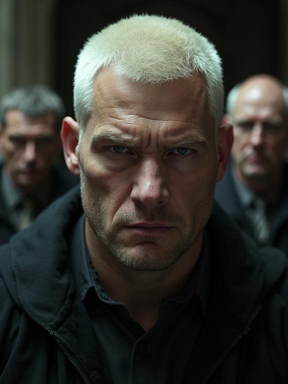 Ultra photorealistic image featuring a large man with cropped white blond hair and dark clothing. Square head with a menacing stare directed at the camera. A thin-faced middle-aged man stands behind looking over the blond man's shoulder. Both have mean expressions. Shot from a low angle.
