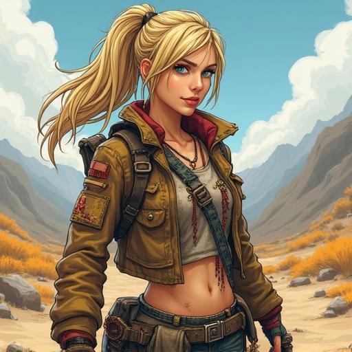Post-apocalyptic blonde girl wears a rugged survival outfit. Character displays confidence and readiness for adventure. Background features mountains and a desert landscape. Artwork drawn in a bold, comic-style reminiscent of Borderlands films.