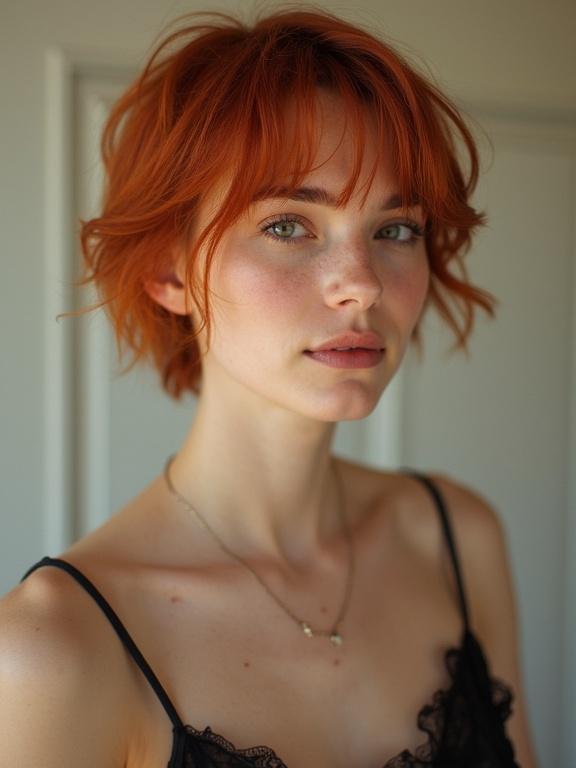 A young woman with short red hair and pale skin stands confidently. Background is soft and elegant. Her beauty showcases contemporary fashion.