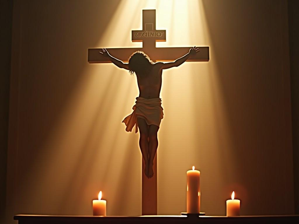 The image depicts a powerful scene of the crucifixion of Jesus Christ. He is shown on the cross, with arms outstretched and head bowed. Soft light beams down from above, illuminating the figure against a dark background. On either side of the cross, candles are lit, adding a warm glow and enhancing the atmosphere of reverence. The focus is on the figure and the significance of the moment in Christian faith.