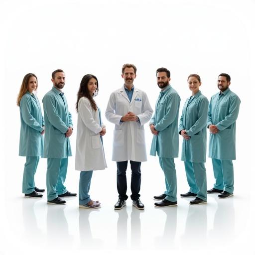 A group of healthcare professionals stands straight on a white background. The main focus is a central figure in a white lab coat surrounded by colleagues in blue lab coats. The arrangement showcases unity in the science community.