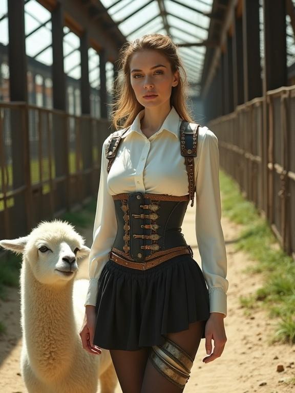 The photo features a young woman in steampunk fashion. She wears a white blouse and a black corset with copper buckles. The skirt includes silver stripes and her stockings have metal plates. A white llama is next to her. The setting is an industrial landscape with wooden and metal structures. Dynamic lighting creates shadows and accents throughout the image. The overall atmosphere blends technology with nature.