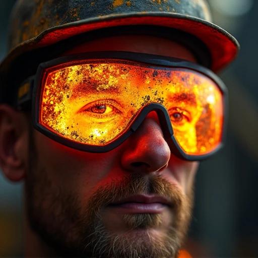 Close-up of safety goggles worn by a foundry worker. Goggles covered in streaks of molten steel splatter. Warm ambient light illuminates the goggles