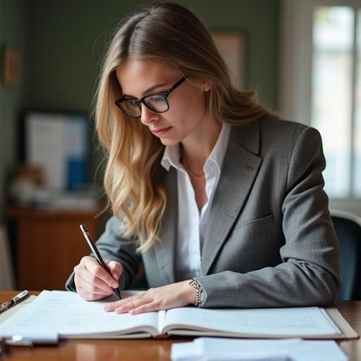 Professional woman proofreading documents while writing notes on an open notebook. Focus on writing and working at a desk. Calm office environment with a focus on productivity.