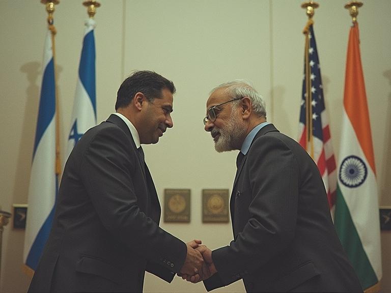 Image shows a handshake between two leaders in front of flags representing Israel, India, United States, and India. The scene is indoors with officials engaged in a diplomatic meeting.