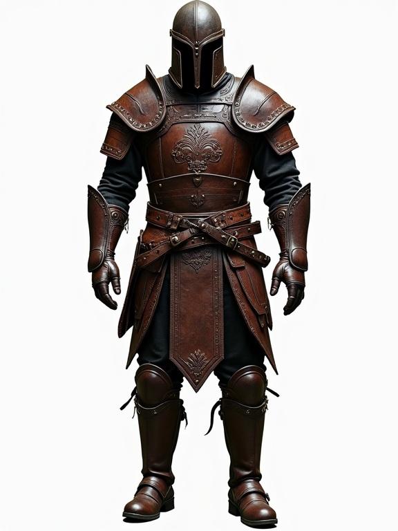 A full body armor crafted from dark leather with a rugged finish showing signs of wear. Multiple articulated and reinforced panels for mobility and protection. Thick stitching with embossed mythical and floral patterns. A broad belt with utility loops and sheaths. A tasset skirt with strips for upper thigh protection. Guards for thighs, knees, and shins made from flexible hardened leather. Fastened with buckled straps and reinforced at the knees. Durable leather boots reaching below the knees with reinforced toes. Transparent background.