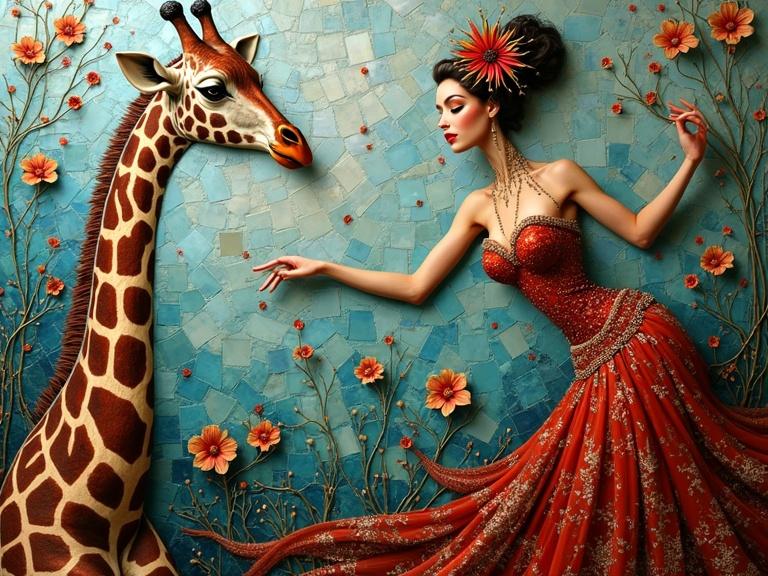 A whimsical burlesque dancer interacts with her pet giraffe. The artwork features intricate tile and glass mosaic elements. The setting has vibrant colors and soft lighting. The style is a blend of ethereal and abstract influences.