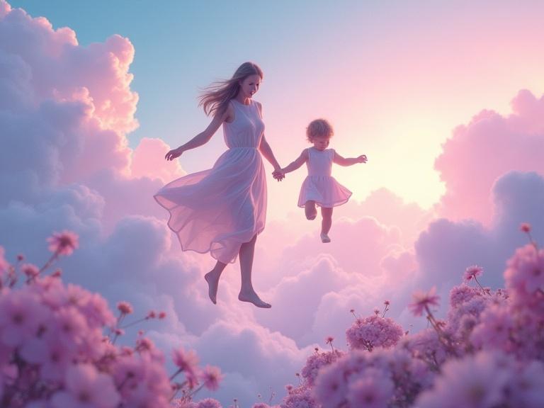 A mother and child floating hand in hand among clouds. Surrounding flowers bloom vibrantly. Colors are dreamy purples, blues, and pinks with soft textures.