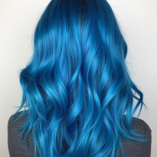 Electric blue hair with soft waves. Vibrant color in a brightly lit setting. Hair flows elegantly and catches the light.