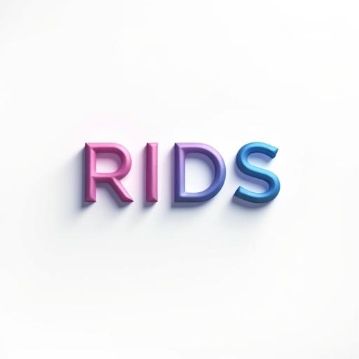 Elegant logo design featuring the word RIDS with a plain white background. Glossy texture with a gradient from pink to blue. Shadows enhance the lifelike texture.