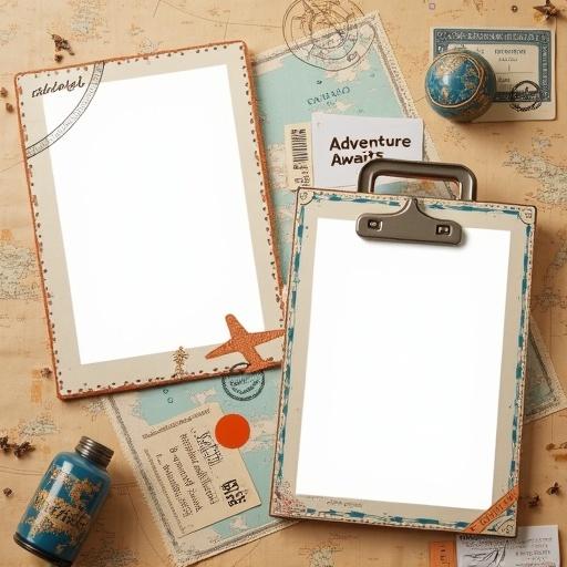 A travel-themed photo collage layout with two blank image areas. One shaped like a postage stamp; one like a suitcase. Postage stamp frame has perforated edges, passport stamps, airplane icons, vintage airmail feel. Suitcase frame has handle, corner detailing with travel stickers, tags, globe icon. Outside frames, text decorations such as 'Adventure Awaits' and 'Next Destination' in stylish fonts. Background features soft textures, faded maps, cloud overlays, boarding passes, compass roses, flight path lines. Colors include warm beige, sky blue, muted orange, vintage paper tones. Style is high-resolution, editorial scrapbook-like, perfect for showcasing travel memories.