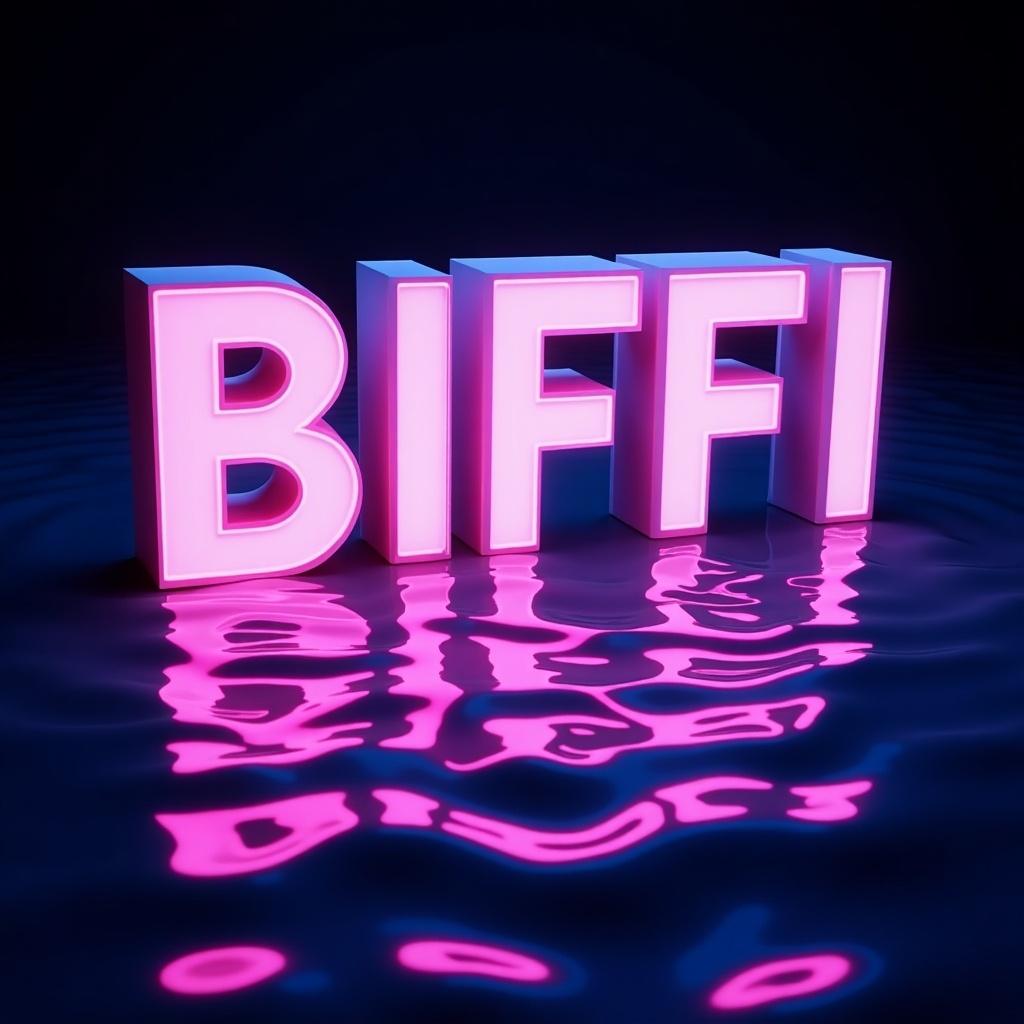 Digital artwork shows bold 3D letters 'BIFFI' in neon pink and blue. Letters float on reflective water surface with ripples. The background is dark. Creates a striking, futuristic look.