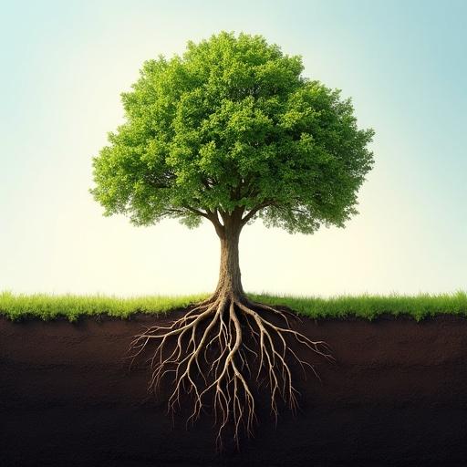 A tree with visible roots and a clear blue sky in the background. The image showcases the beauty of nature and the connection between the tree and soil.