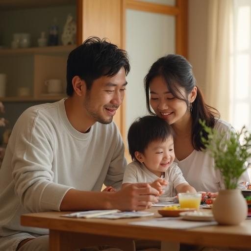 Japanese couple in casual loungewear spending time with their child in a dining room. Family eating and conversing happily around the table. The atmosphere is bright and warm with home-cooked meals around them. Soft light enhances the sense of security and happiness.