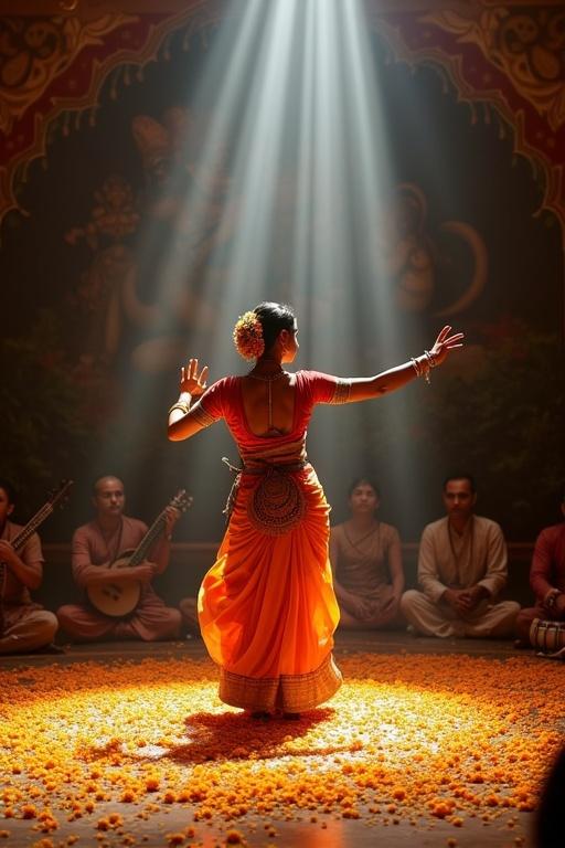 Classical Indian dancer performs Bharatanatyam on adorned stage filled with marigold flowers. Beams of light illuminate wooden stage from above. Background features large mural depicting Indian mythology. Scent of incense and rhythms of sitar and tabla ensemble fill the air.