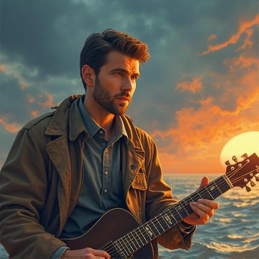 A person plays guitar outdoors during sunset. Warm colors fill the sky. The atmosphere is relaxing. Focus on harmony with nature and balanced lifestyle. Capture the essence of enjoying simple pleasures.