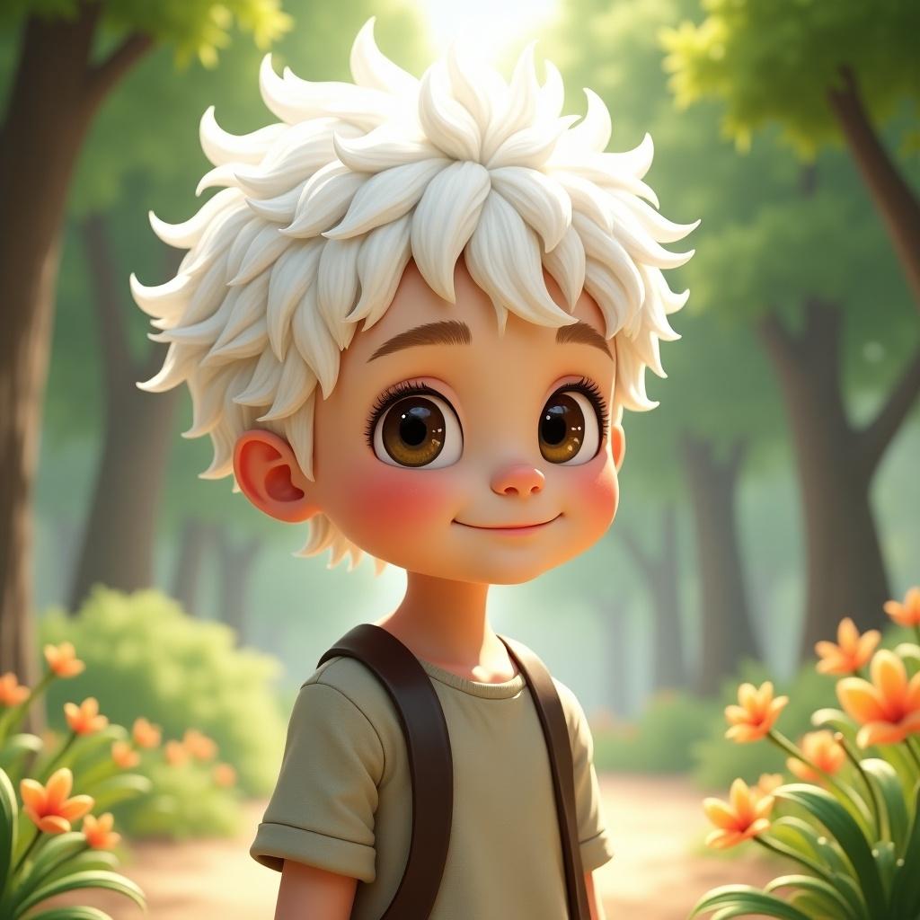 A boy with striking white hair and light features stands in a vibrant green forest. The surroundings are filled with flowers and natural beauty. He appears lively and adventurous amid a picturesque setting.