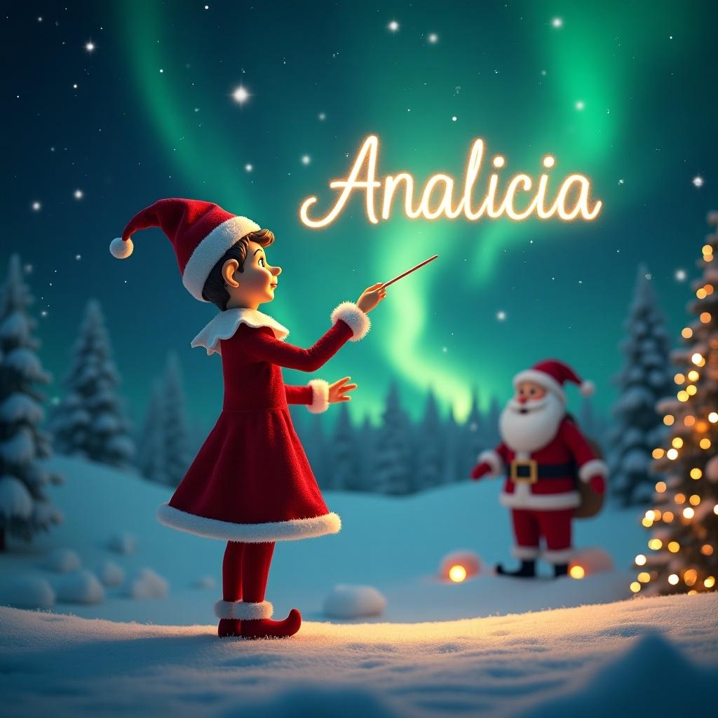 Elf character writing in the sky with a wand. Magical Christmas scene with northern lights and Santa Claus in the background. Name 'Analicia' is written elegantly in the air.