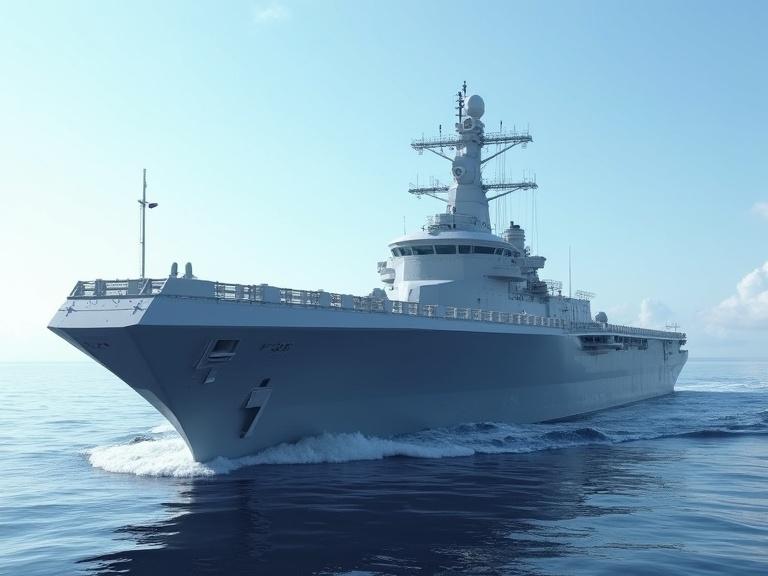 Create an image of a sleek light grey sci-fi polygonal bevel aircraft carrier on a sunny day with a blue sky and ocean. Focus on realism, details, shadows, and textures in 4K quality.