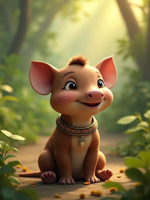 A baby tapir shown in 3D. It has a short trunk-like snout and round body. The color is brown with white spots. The tapir is sitting in a lush jungle. It wears an Amazonian necklace with indigenous patterns. The scene is illuminated with sunlight coming through the trees. Flowers and leaves are around its feet.