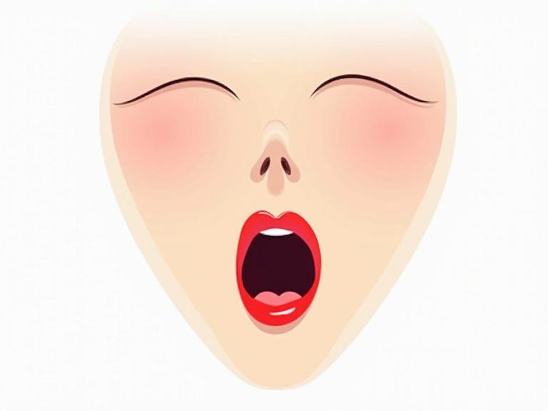 Cartoon portrait of a woman's face with open mouth. Background is white. Lips slightly parted wearing red lipstick. Style is modern and minimalistic.